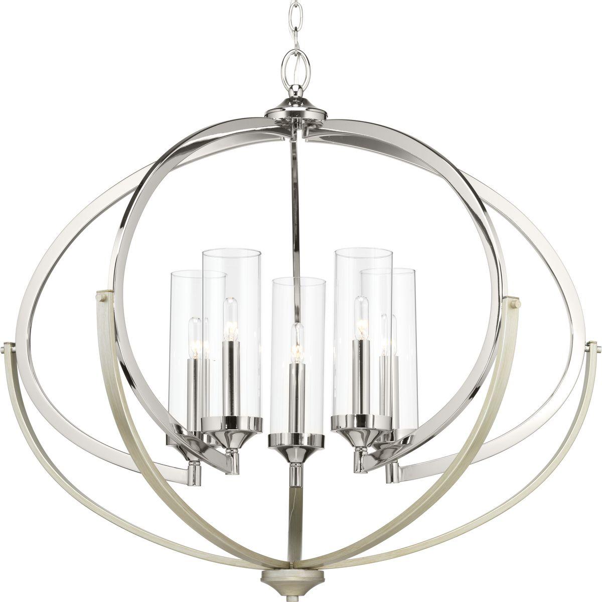 Hubbell P400117-104 Mixed finishes, such as Polished Nickel with silver ridge accents are highlighted in new versions of the popular Evoke chandelier. This updated design features an oversized oval form with candelabra lights that complement a livable Luxe style, as well as 