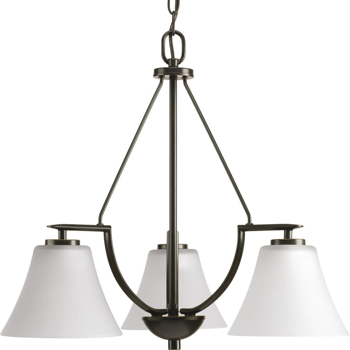 Hubbell P4621-20W Three-light chandelier with white etched glass from the Bravo collection. Linear elements stream throughout the fixture to compose a relaxed but exotic ambiance. Generously scaled glass shades add distinction against the Antique Bronze finish and provide 