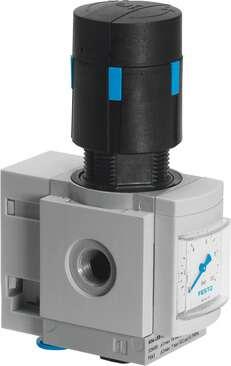 Festo 529486 pressure regulator MS4-LRB-1/4-D7-AS-BD For manifold assembly, angled outlet block with QS push-in connector, 12 bar maximum output pressure, with pressure gauge, P2 connection at rear. Size: 4, Series: MS, Actuator lock: (* Rotary knob with lock, * with 