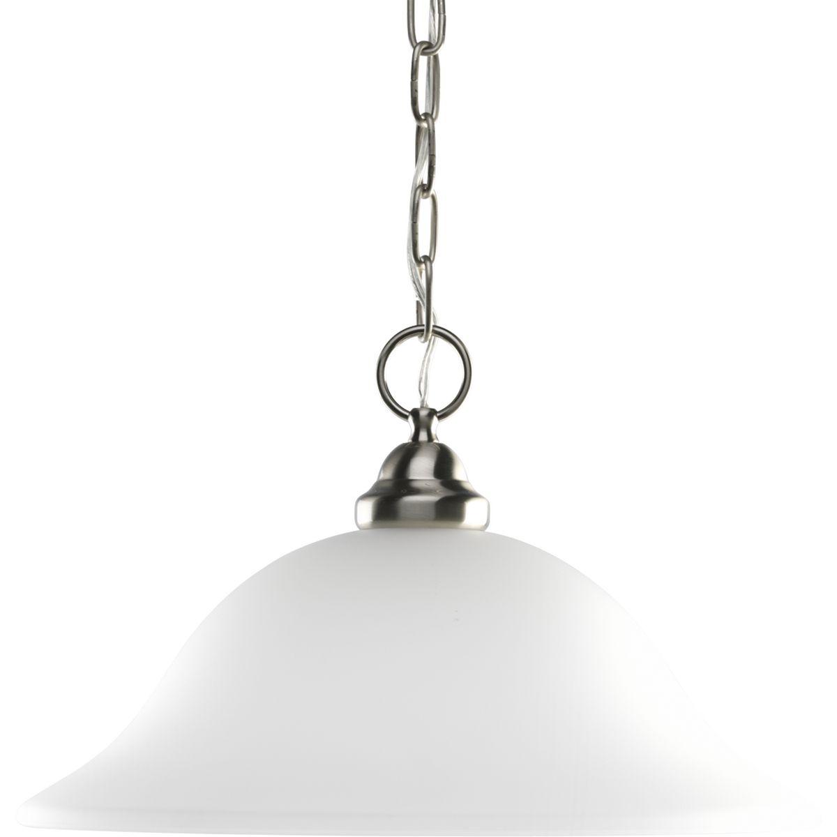 Hubbell HS41009-09 Classic styling defines this one-light pendant. Featuring a large, etched glass shade neatly suspended from a Brushed Nickel chain, this pendant is a welcome addition to any room.  ; Brushed Nickel finish ; Etched glass shade ; Classic, simple design ; Fi