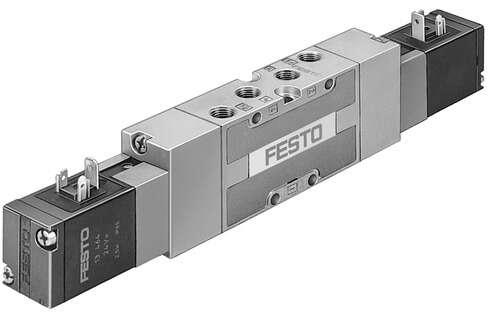Festo 30998 solenoid valve MVH-5/3E-1/8-S-B With solenoid coil and manual override, without plug socket. Valve function: 5/3 exhausted, Type of actuation: electrical, Width: 26 mm, Standard nominal flow rate: 1000 l/min, Operating pressure: -0,9 - 10 bar