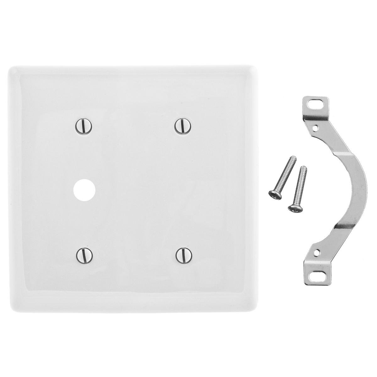 Hubbell NP1214W Wallplates, Nylon, 2-Gang, 1) Blank, 1) .406" Opening, White  ; Reinforcement ribs for extra strength ; High-impact, self-extinguishing nylon material ; Captive screw feature holds mounting screw in place ; Standard Size is 1/8" larger to give you extra c