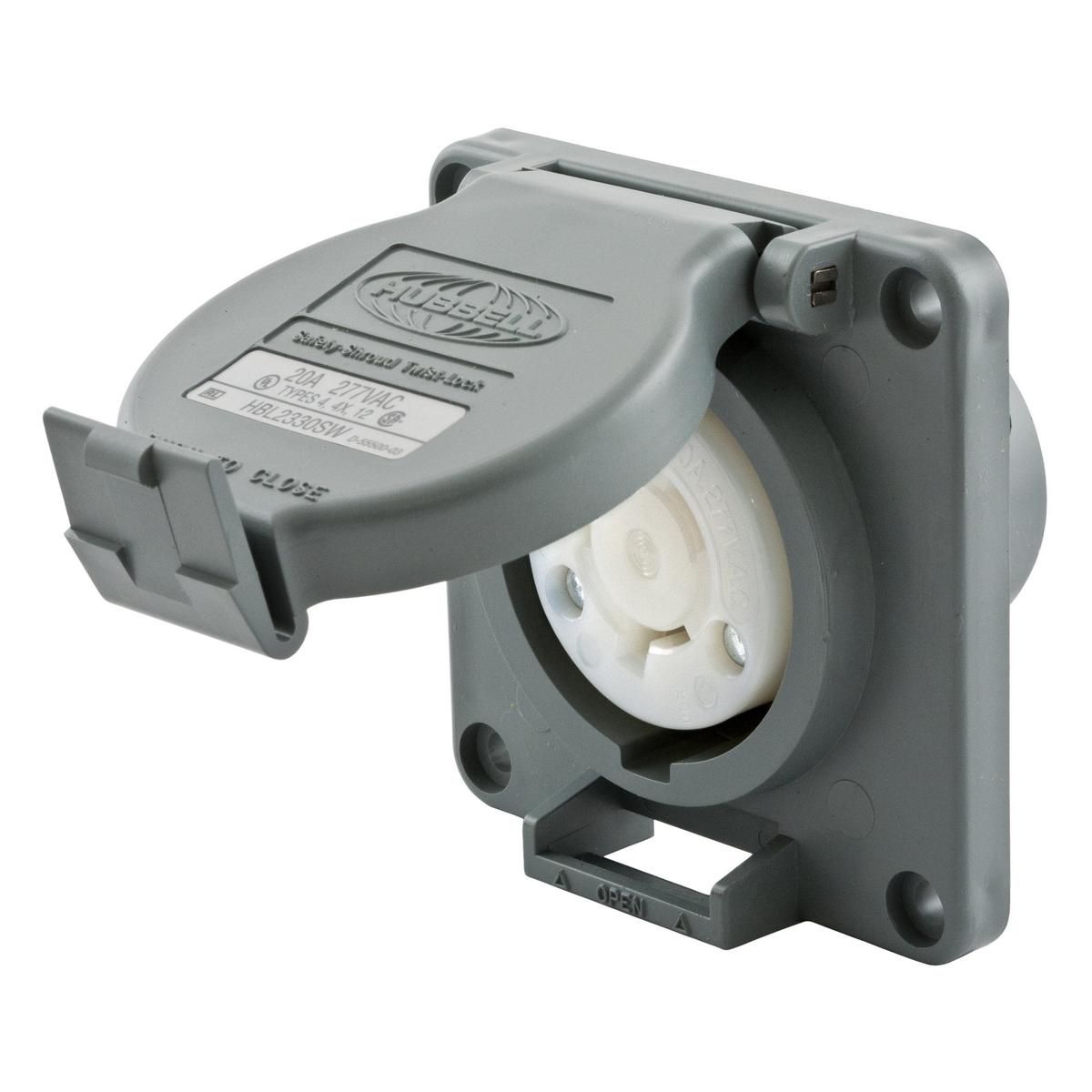 Hubbell HBL2330SW Locking Devices, Twist-Lock®, Watertight Safety-Shroud®, Receptacle, 20A 277V AC, 2-Pole 3-Wire Grounding, NEMA L7-20R, Screw Terminal, PBT housing and flange, Gray.  ; High impact, thermoplastic housing for heavy-duty industrial environments ; Alignment 