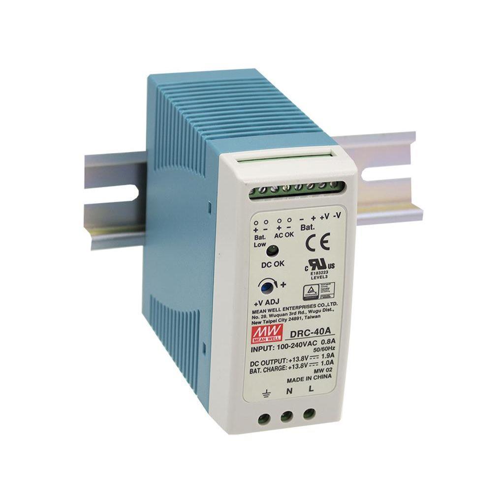 MEAN WELL DRC-40B AC-DC Industrial DIN rail with UPS function; Output 27.6VDC at 0.95A + 27.6VDC at 0.5A; with battery charger output