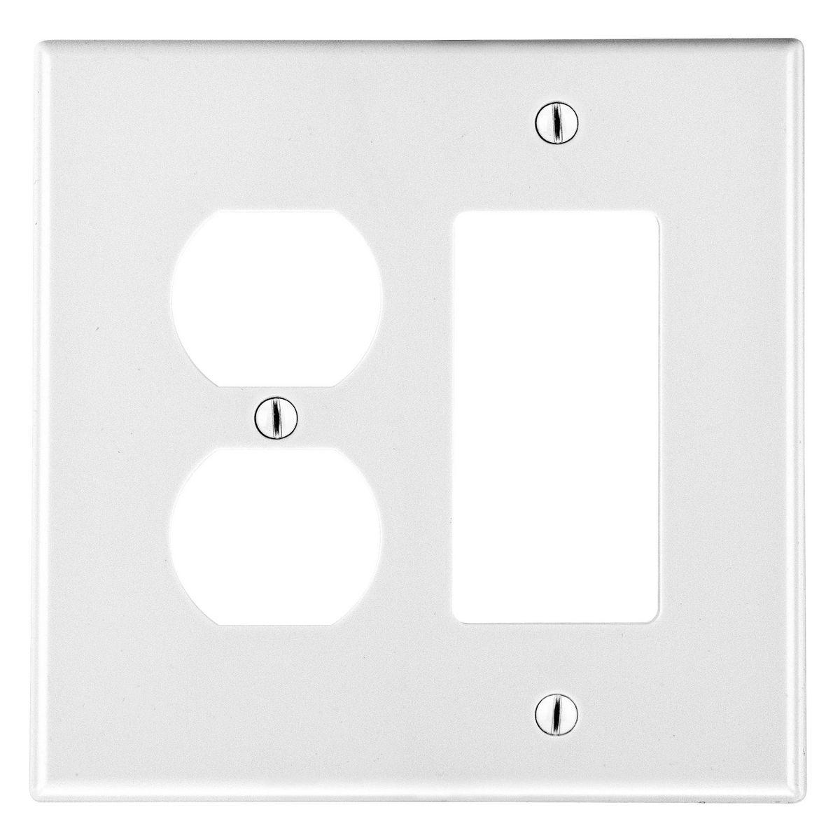 Hubbell P826W Wallplate, 2-Gang,  1) Duplex 1) Decorator, White  ; High-impact, self-extinguishing polycarbonate material ; More Rigid ; Sharp lines and less dimpling ; Smooth satin finish ; Blends into wall with an optimum finish ; Smooth Satin Finish