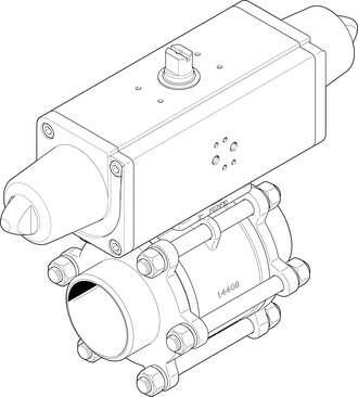 Festo 1774112 ball valve actuator unit VZBA-3"-WW-63-T-22-F0710-V4V4T-PS180-R-9 2/2-way, flange hole pattern F0710, welded end. Design structure: (* 2-way ball valve, * Swivel drive), Type of actuation: pneumatic, Assembly position: Any, Mounting type: Line installatio