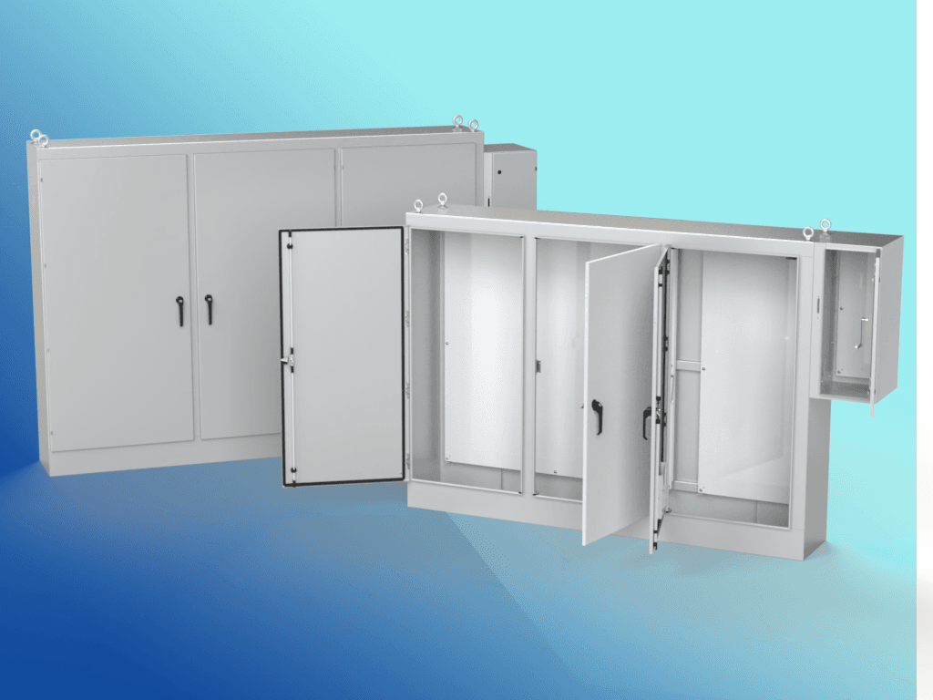 Saginaw Control SCE-72XD3EQ18G 3DR XD Enclosure, Height:72.00", Width:99.50", Depth:18.00", ANSI-61 gray powder coating inside and out. Sub-panels are powder coated white.
