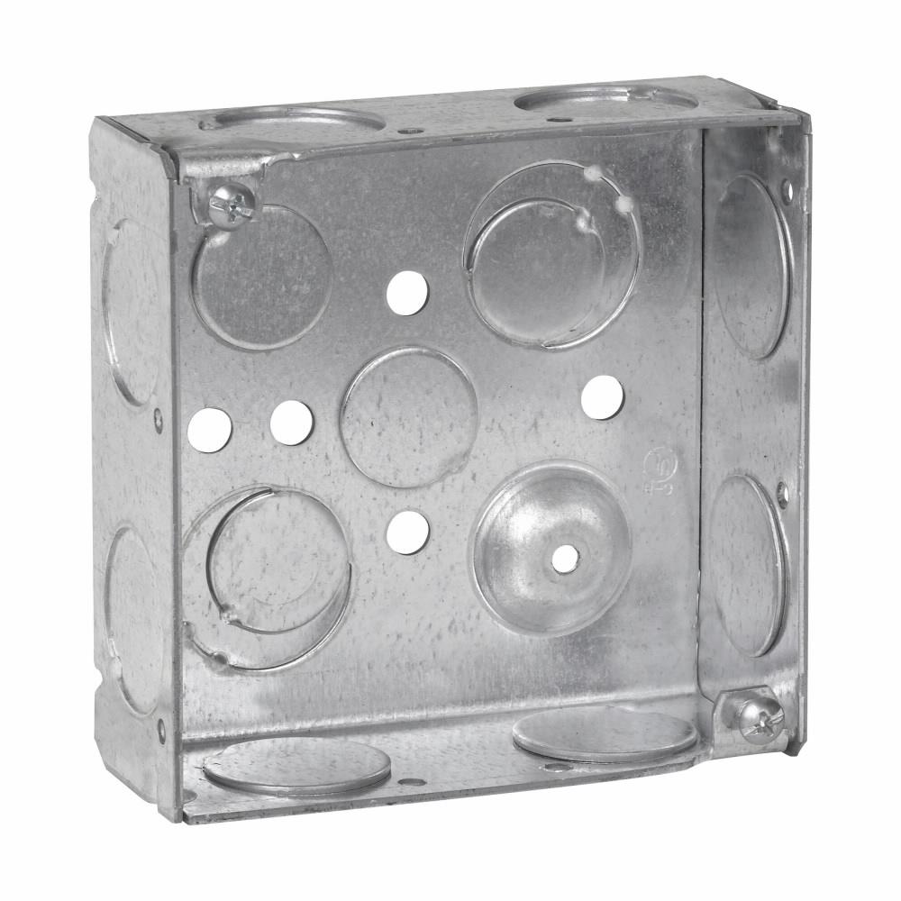 Eaton Corp TP467 Eaton Crouse-Hinds series Square Outlet Box, (2) 1/2", (2) 1/2", (1) 3/4" E, 4", Conduit (no clamps), Welded, 1-1/2", Steel, (8) 3/4", 22.0 cubic inch capacity