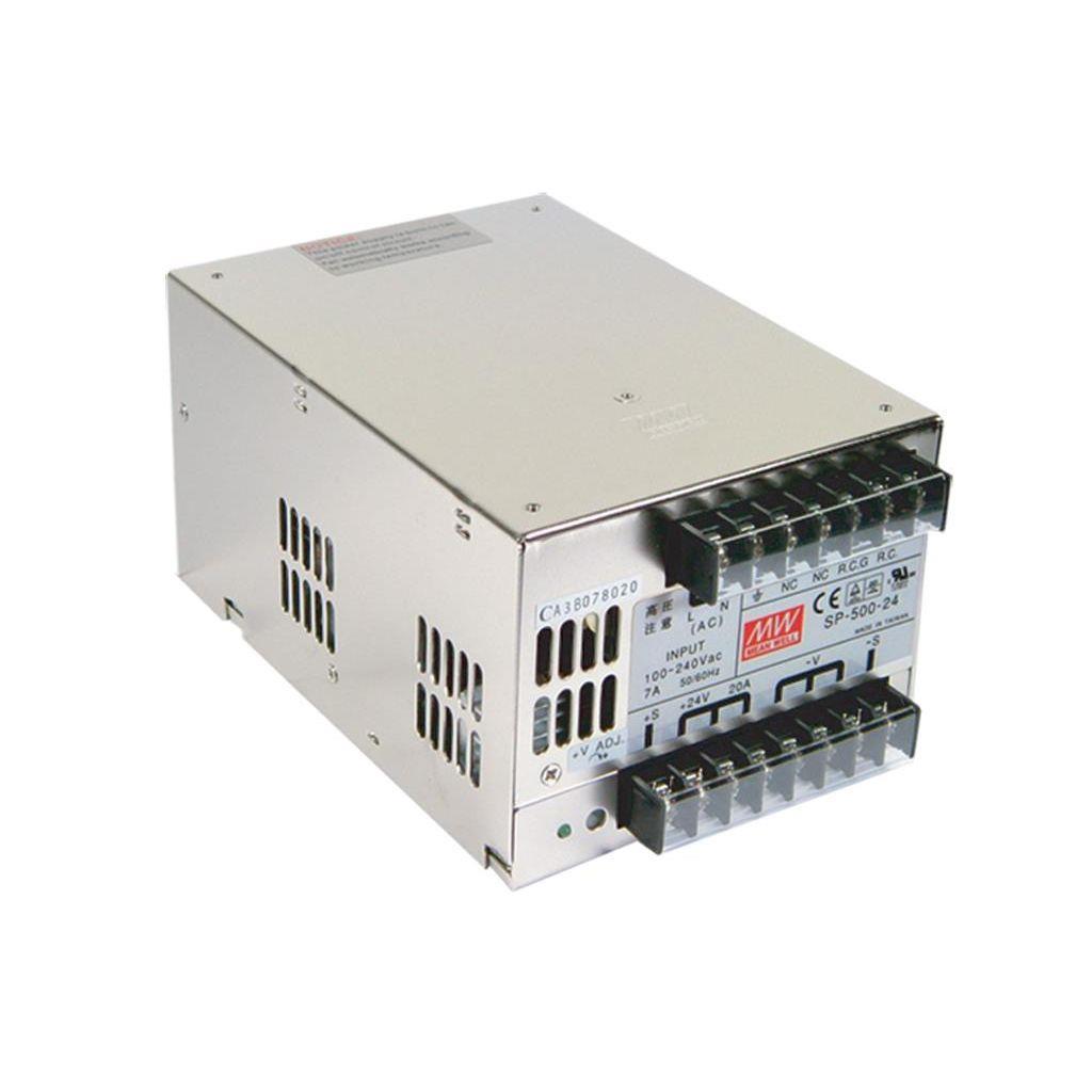 MEAN WELL SP-500-27 AC-DC Enclosed power supply; Output 27Vdc at 18A; PFC; forced air cooling; SP-500-27 is succeeded by RSP-500-27.