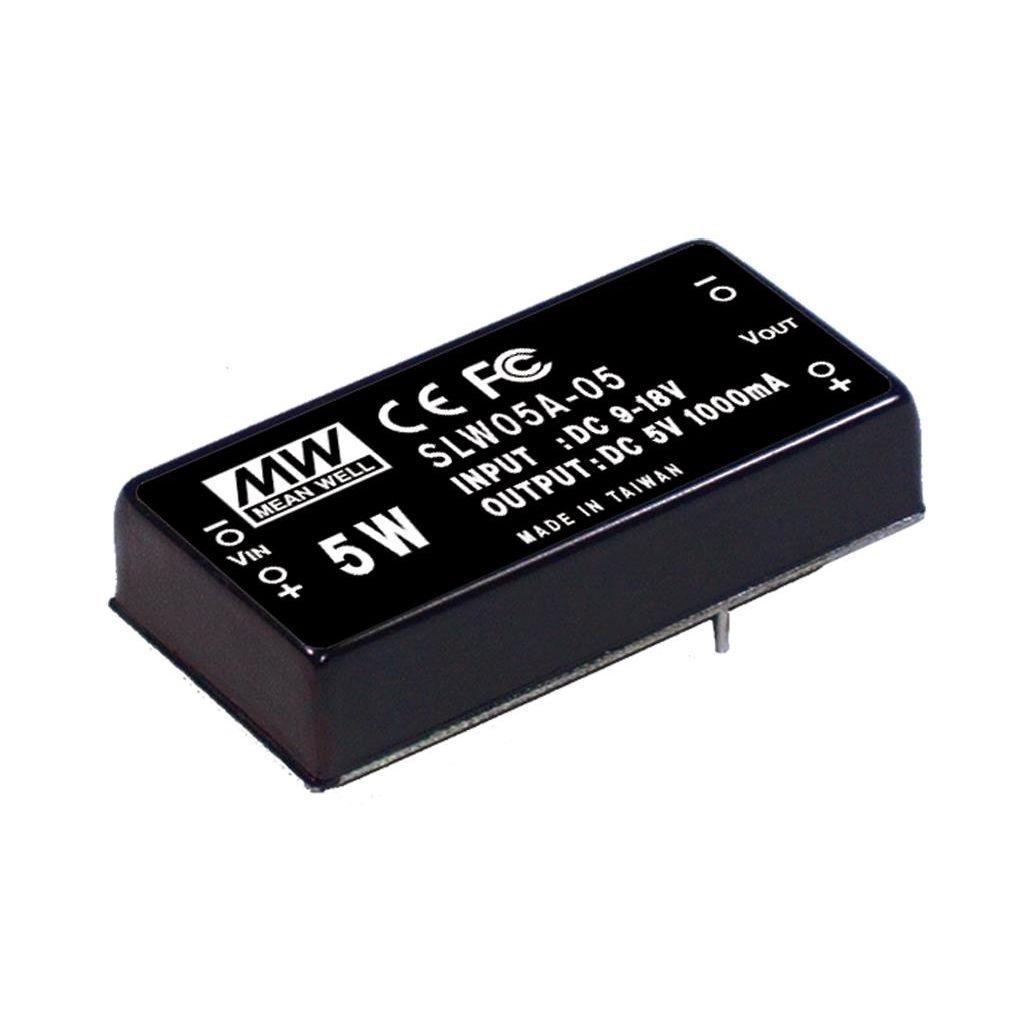 MEAN WELL SLW05B-12 DC-DC Converter PCB mount; Input 18-36Vdc; Output 12Vdc at 0.417A; DIP Through hole package; Built-in EMI filter; 2" x 1" ultra compact size