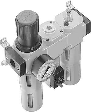 Festo 185812 service unit FRC-1/2-D-MIDI-KB-A consisting of filter regulator, distributor module with pressure switch but without socket, and lubricator with mounting brackets. With automatic condensate drain and metal bowl guard. Size: Midi, Series: D, Actuator lock: