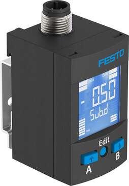 Festo 8001235 pressure sensor SPAU-V1R-W-G18FD-L-PNLK-PNVBA-M8U Suitable for monitoring compressed air and non-corrosive gases, mounting using wall attachment, with display. Authorisation: (* RCM Mark, * c UL us - Listed (OL)), CE mark (see declaration of conformity): 