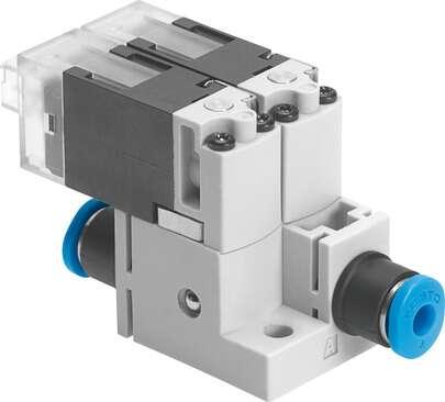 Festo 560372 vacuum valve MHA1-2X2/2G-1,5-4-4-3 to be mounted with a screw on any flat surface. Valve function: 2x2/2 closed, monostable, Type of actuation: electrical, Width: 20 mm, Standard nominal flow rate: 30 l/min, Operating pressure: 0 - 1,5 bar