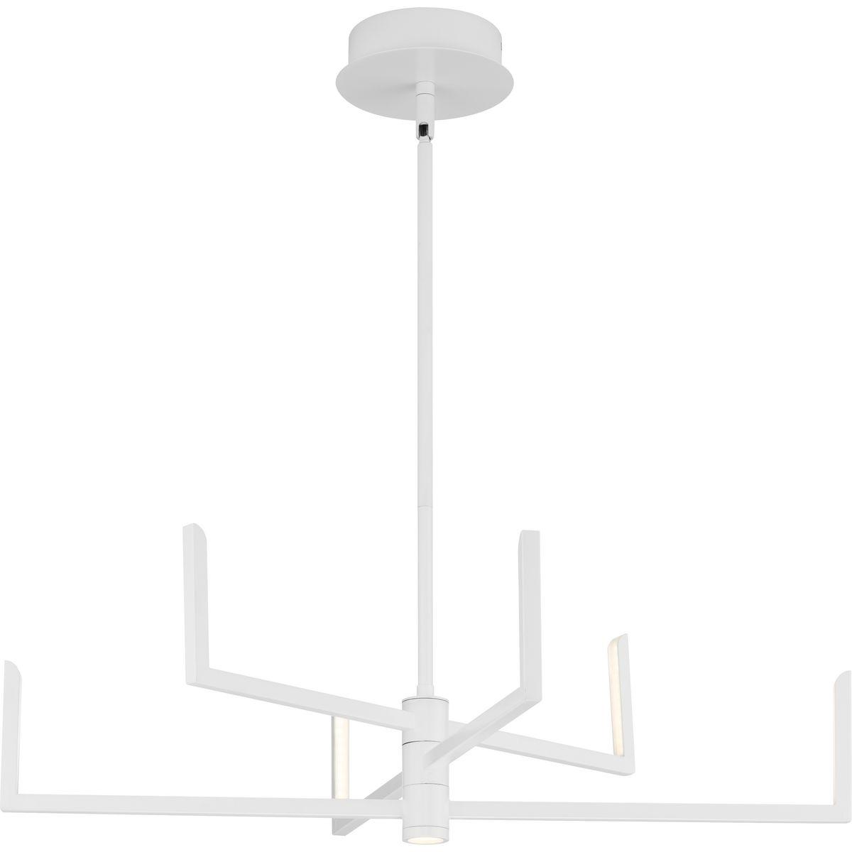 Hubbell P400260-028-30 Capture the imagination with the Pivot LED Collection 6-Light Satin White Frosted Lens LED Modern Chandelier Light. Angled arms coated in a crisp satin white finish rotate around a central axis for a bold architectural form. The arms rotate around a centr
