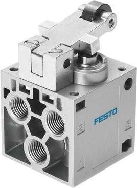 Festo 8996 Roller lever valve R-5-1/4-B Valve function: 5/2 monostable, Type of actuation: mechanical, Standard nominal flow rate: 550 l/min, Operating pressure: -0,95 - 10 bar, Design structure: Poppet seat
