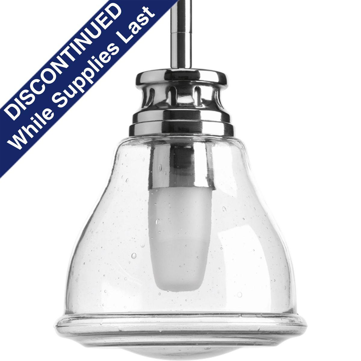 Hubbell P5097-15 Polished Chrome one-light mini-pendant features a nostalgic, yet decidedly modern, design. Outer translucent seeded globe mimic the silhouette of a traditional light bulb but contain a halogen source for bright illumination. Versatile structure can be ins