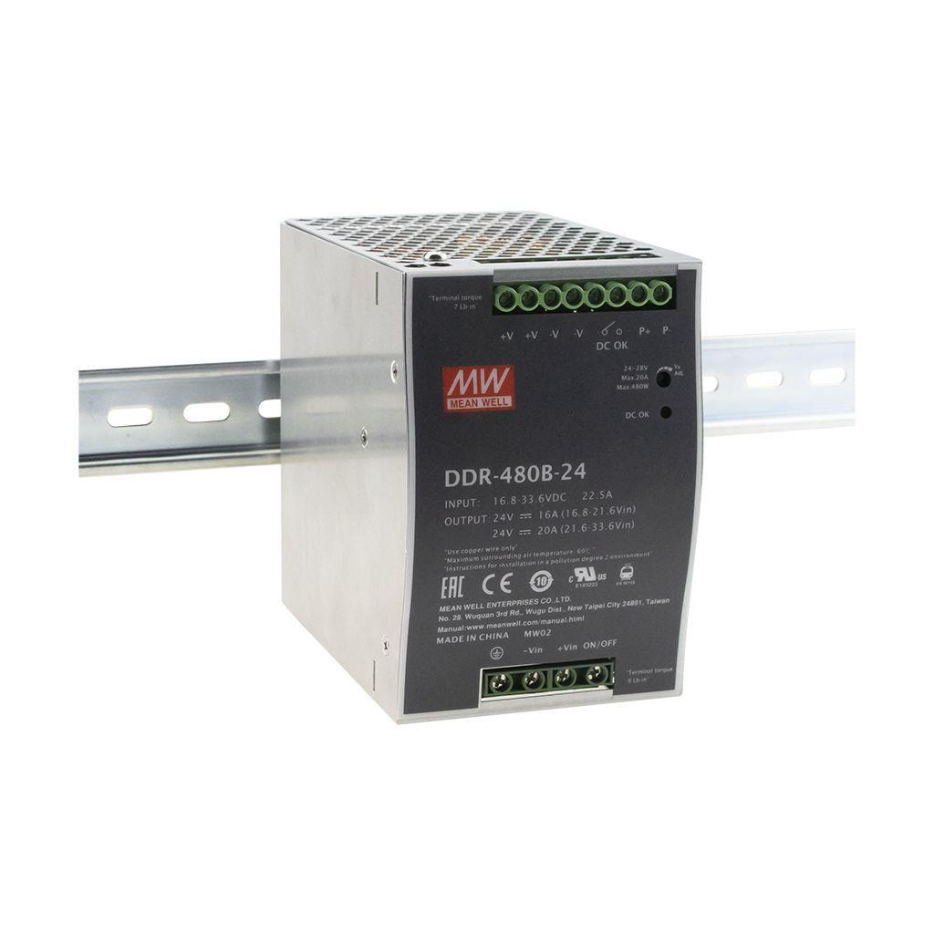 MEAN WELL DDR-480B-24 DC-DC Ultra slim Industrial DIN rail converter; Input 16.8-33.6Vdc; Single Output 24Vdc at 20A; DC OK and remote ON/OFF