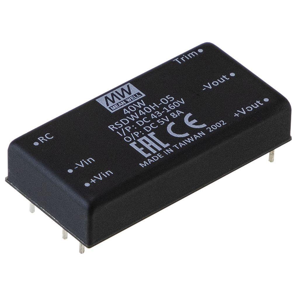 MEAN WELL RSDW40G-12 DC-DC Railway Single Output Converter; Input 18-75VDC; Output 12VDC at 3.333A; 1.6KVDC I/O isolation; DIP Through hole package; Remote ON/OFF