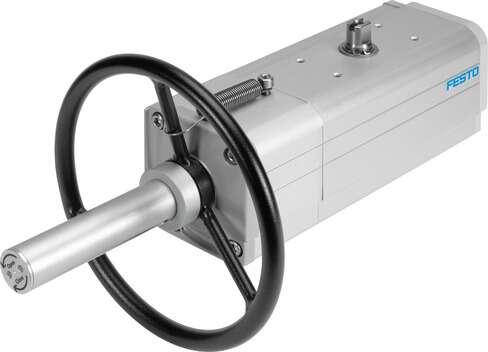 Festo 8005012 semi-rotary drive DAPS-1920-090-R-F14-MW double-acting, air connection to VDI/VDE 3845 Namur valves, direct flange mounting, version with handwheel. Size of actuator: 1920, Flange hole pattern: F14, Swivel angle: 92 deg, Shaft connection depth: 48,5 mm, F