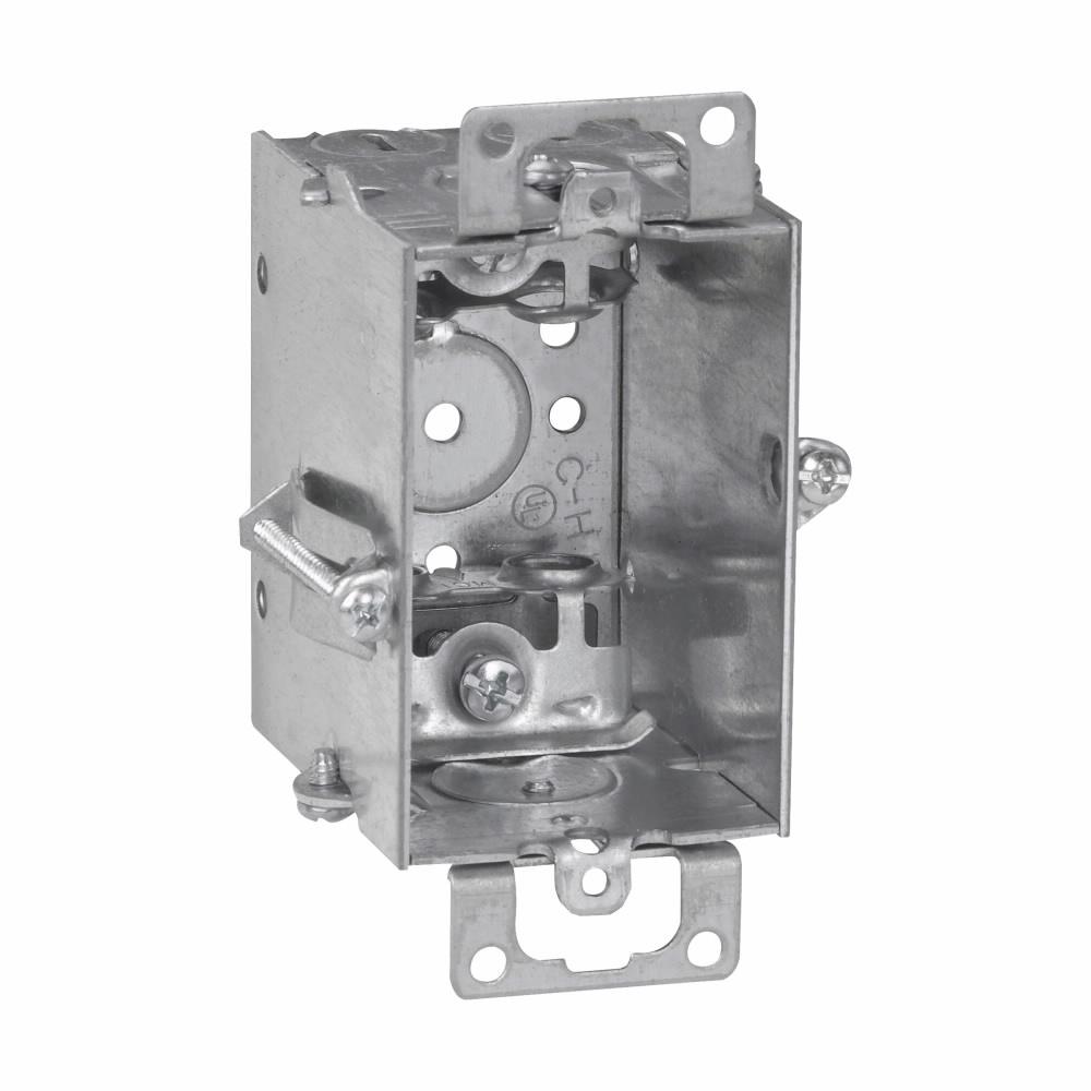 Eaton TP179 Eaton Crouse-Hinds series Switch Box, (1) 1/2", Hold-Tite, 2, AC/MC clamps, 2-1/2", Steel, Ears, Gangable, 12.5 cubic inch capacity