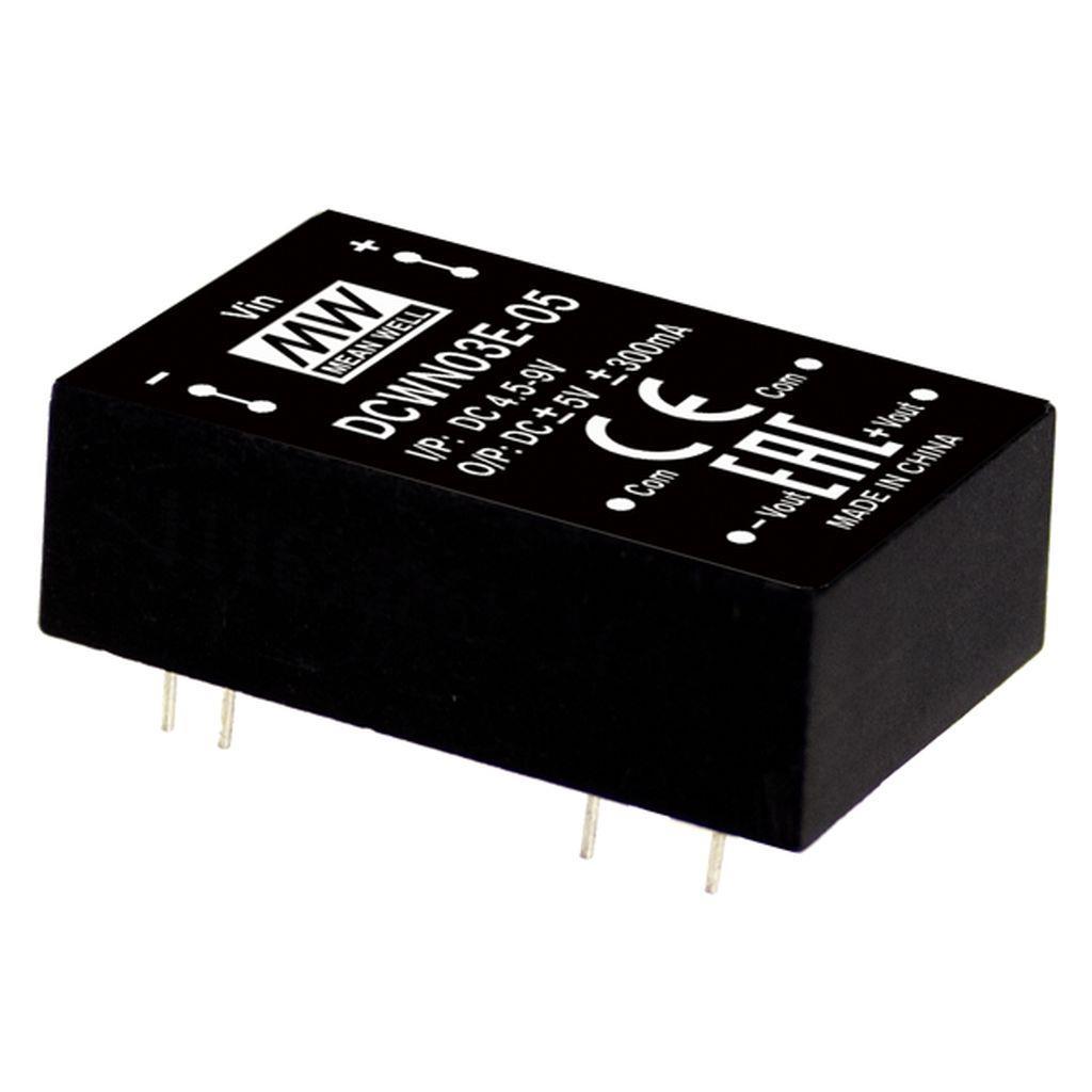 MEAN WELL DCWN03B-05 DC-DC Regulated Dual Output Converter; Input 18-36Vdc; Output +-5Vdc at +-0.3A; 3000VDC I/O isolation; DIP Through hole  package