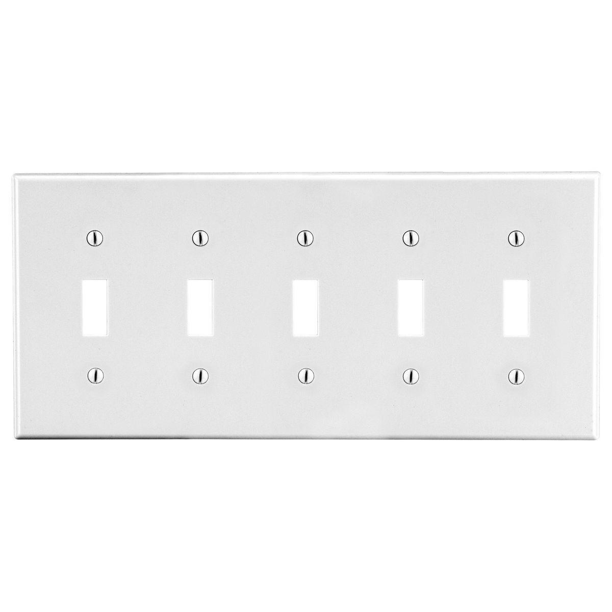 Hubbell P5W Wallplate, 5-Gang, 5) Toggle,  White  ; High-impact, self-extinguishing polycarbonate material ; More Rigid ; Sharp lines and less dimpling ; Smooth satin finish ; Blends into wall with an optimum finish ; Smooth Satin Finish