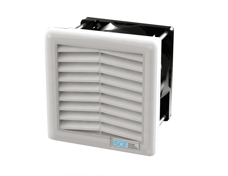 Saginaw Control SCE-N12FA33-230LG Filter Fan. 230V AC, 13/15 CFM, Height:4.20", Width:4.20", Depth:3.10", 