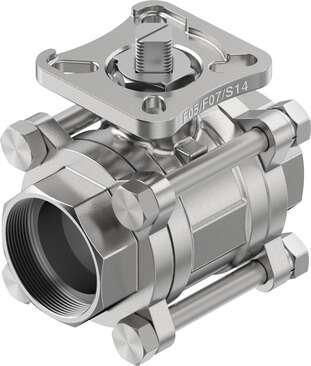 Festo 8089044 ball valve VZBE-11/2-WA-63-T-2-F0507-V15V15 Design structure: 2-way ball valve, Type of actuation: mechanical, Sealing principle: soft, Assembly position: Any, Mounting type: Line installation