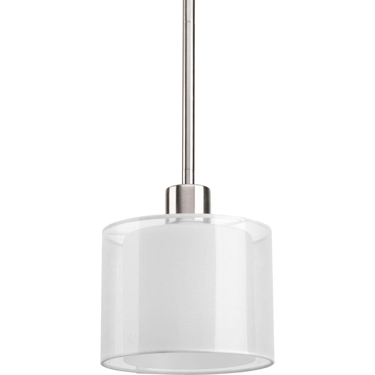 Hubbell P5110-09 Invite the beauty of light into your home with this Brushed Nickel one-light mini-pendant. Invite provides a welcoming silhouette with a unique shade comprised of an inner glass globe encircled by a translucent sheer Mylar shade. The rich, layering effect