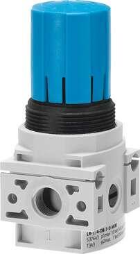 Festo 537643 pressure regulator LR-1/4-DB-7-O-MINI Directly controlled regulator, working pressure up to 7 bar, without pressure gauge. Size: Mini, Width: 44 mm, Series: DB, Actuator lock: Rotary knob with lock, Assembly position: Any