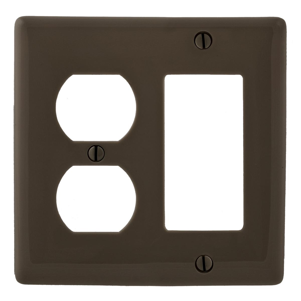 Hubbell NPJ826 Wallplates, Nylon, Mid-Sized, 1-Gang, 1) Duplex, 1) Decorator, Brown  ; Reinforcement ribs for extra strength ; High-impact, self-extinguishing nylon material ; Captive screw feature holds mounting screw in place ; Standard Size is 1/8" larger to give you
