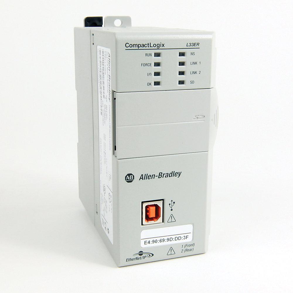 Allen Bradley 1769-L33ER  CompactLogix 5370 L3 Controllers, Dual Ethernet w/DLR capability, 2MB memory, 16 I/O Expansion, 32 Ethernet IP Nodes. Controllers are shipped with 1GB SD card and can support up to 2GB SD card.
