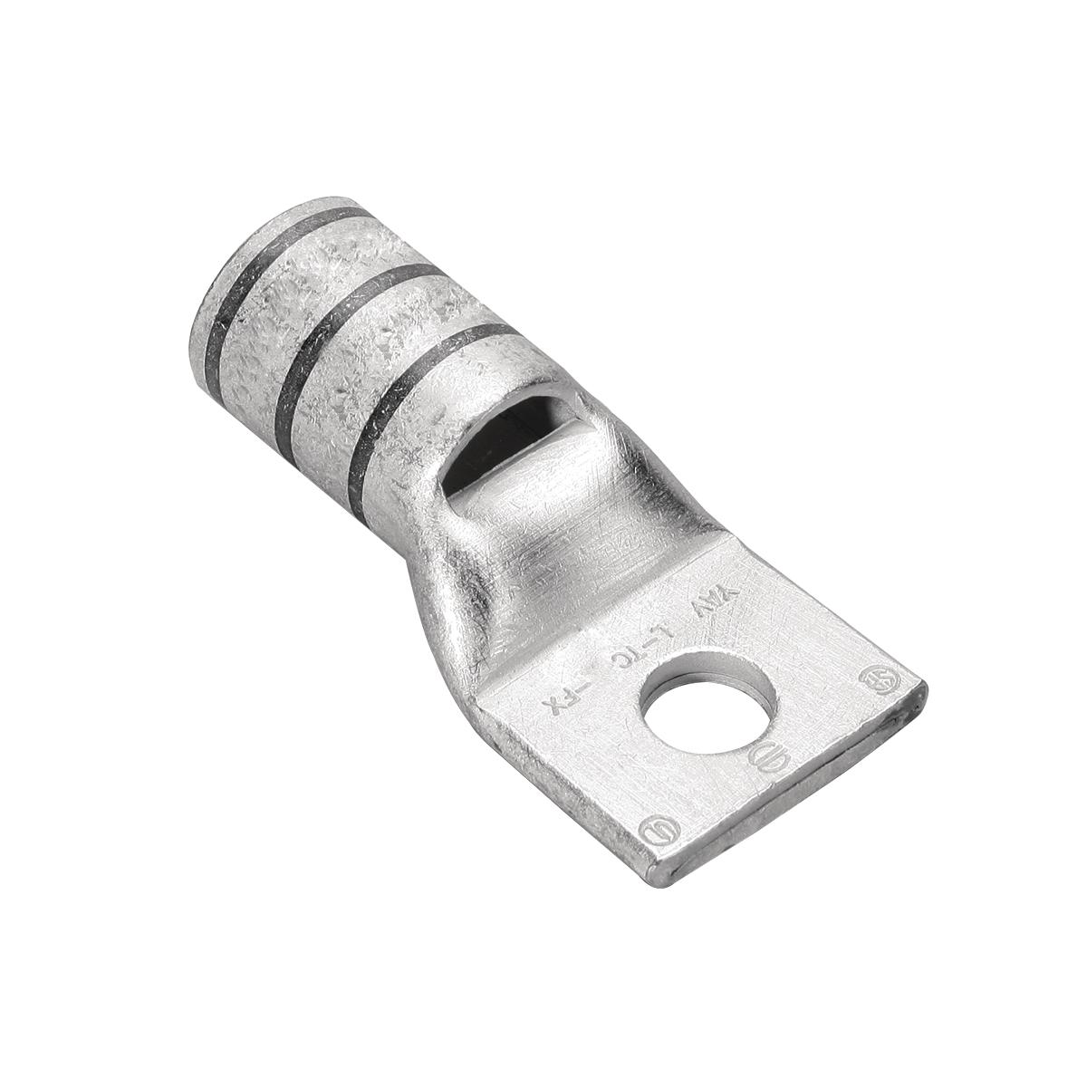 Hubbell YA38LTC58FX Copper Compression Lug, 1 Hole w/ Inspection Window, 500 Flex, 5/8" Stud, Short Barrel, Tin Plated.  ; Features: UL Listed 90 DEG C, 600 V - 35 KV, 45 DEG And 90 DEG Angles Are Available, Tongue Angle: Straight, Temperature Rating: 90 DEG C, Finish: Elect