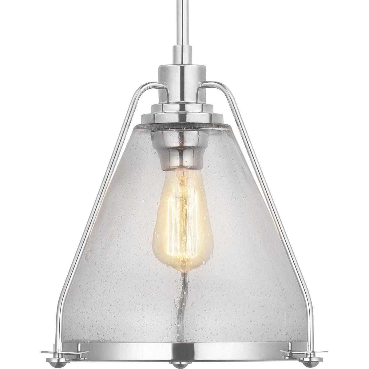 Hubbell P500135-104 Range features a classic triangular clear seeded glass shade. The simple geometric glass is outlined with a Polished Nickel slender frame and finished with a bottom metal accent ring. Simple and stylish, this versatile style is suitable for a variety of d