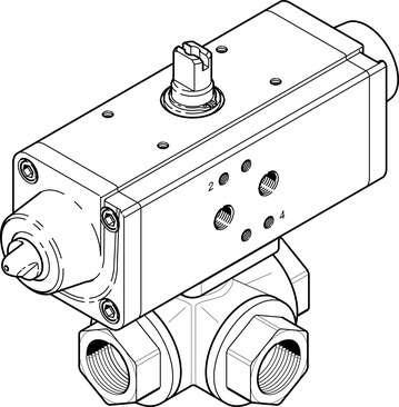 Festo 1915749 ball valve actuator unit VZBA-11/4"-GGG-63-32T-F0405-V4V4T-PS53-R 3/2-way, flange hole pattern F0405, thread EN 10226-1. Design structure: (* 3-way ball valve, * T hole), Type of actuation: pneumatic, Assembly position: Any, Mounting type: Line installati