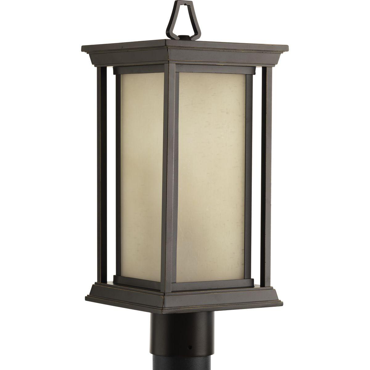 Hubbell P5400-20 One-light post lantern with a Craftsman-inspired modern silhouette, Endicott offers visual interest when both lit and unlit. The elongated frame is elegantly finished with linen glass diffuser.  ; Craftsman-inspired modern silhouette. ; Visually appealing