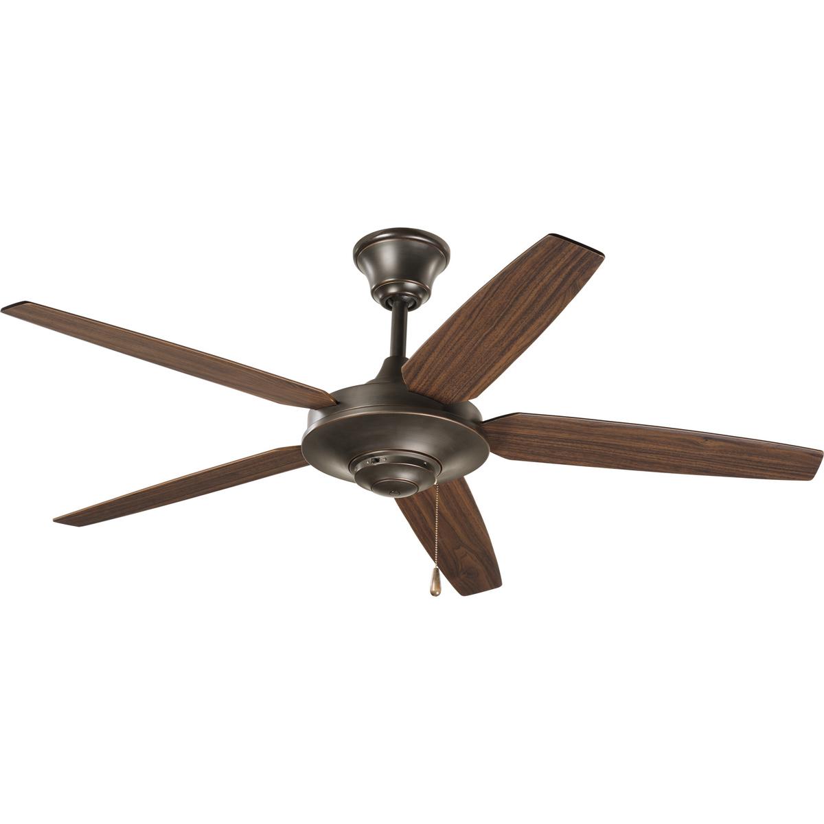 Hubbell P2530-20 54" five-blade fan with reversible Medium Cherry/Classic Walnut blades and an Antique Bronze finish. The AirPro Signature ceiling fan offers great performance and value. This contemporary styled fan features a powerful, 3-speed motor that can be reversed 