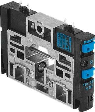 Festo 161362 solenoid valve CPV14-M1H-2X3-GLS-1/8 For valve terminal CPV. The valve housing contains two 3/2-way valves, both of which are normally closed. Valve function: 3/2 closed, monostable, Type of actuation: electrical, Valve size: 14 mm, Standard nominal flow 