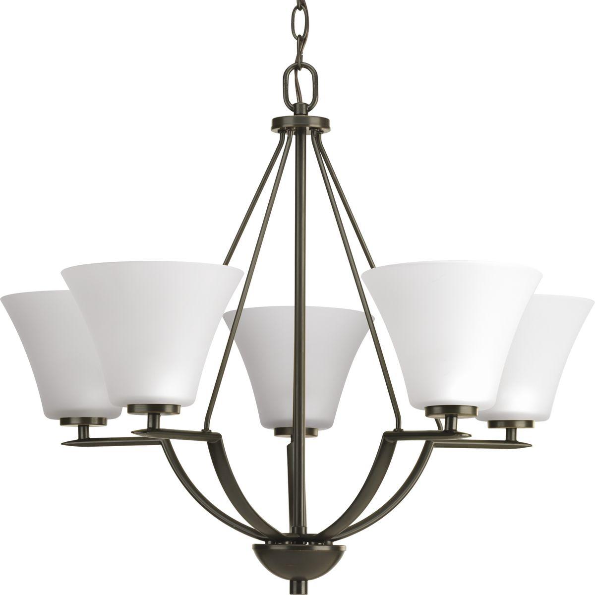 Hubbell P4623-20W Five-light chandelier with white etched glass from the Bravo collection. Linear elements stream throughout the fixture to compose a relaxed but exotic ambiance. Generously scaled glass shades add distinction against the Antique Bronze finish and provide p