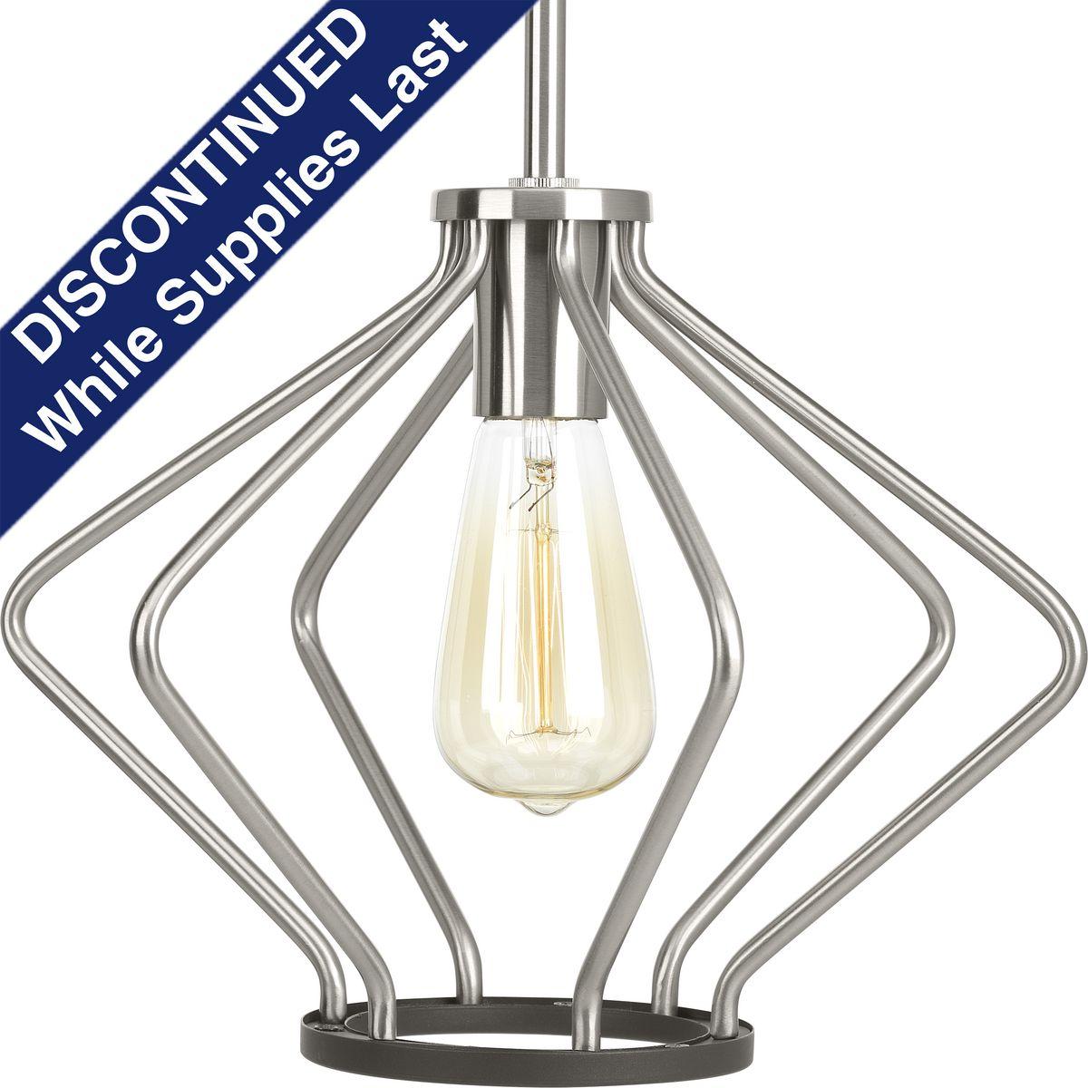 Hubbell P500115-009 The one-light mini-pendant in the Hangar collection is a fun, light and airy piece - perfect for both casual and modern homes A sophisticated, statement-making frame occupies a large visual space. Modern wire basket forms are finished in Brushed Nickel wi