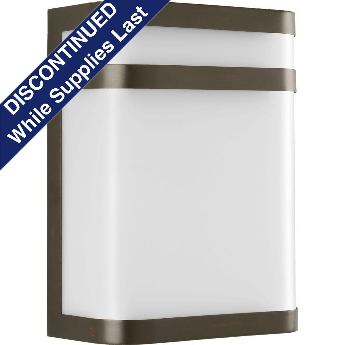 Hubbell P5801-20 One-light outdoor, energy efficient CFL medium wall lantern finished in Antique Bronze.  ; Antique Bronze finish. ; White acrylic diffuser. ; Energy efficient. ; Meets California Title 24. ; Wall mount - vertical only.
