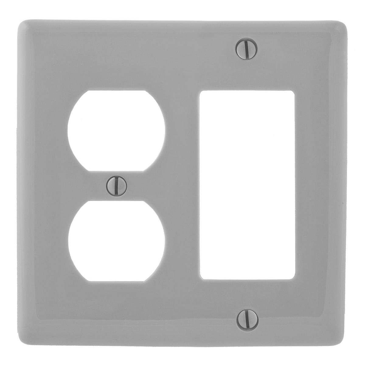 Hubbell NPJ826GY Wallplates, Nylon, Mid-Sized, 1-Gang, 1) Duplex, 1) Decorator, Gray  ; Reinforcement ribs for extra strength ; High-impact, self-extinguishing nylon material ; Captive screw feature holds mounting screw in place ; Standard Size is 1/8" larger to give you 