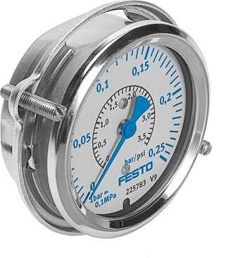 Festo 225783 flanged pressure gauge FMA-63-0,25-C With display unit in bar and psi. Indicating range [bar]: 0 - 0,25 bar, Indicating range [psi]: 0 - 3,6 psi, Conforms to standard: EN 837-3, Nominal size of pressure gauge: 63, Mounting type: Front panel installation