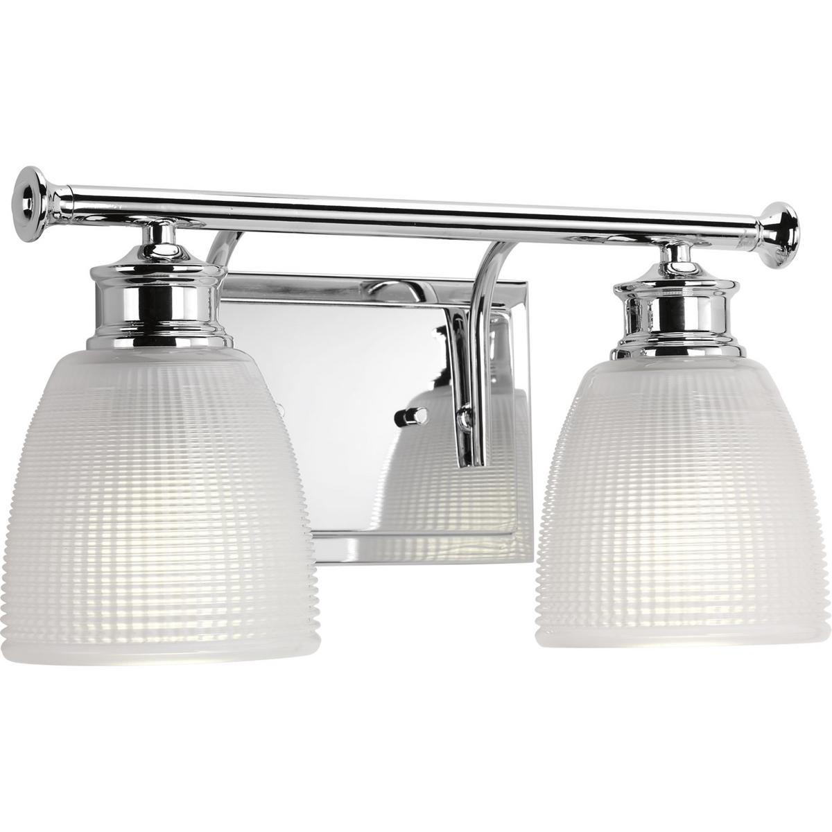 Hubbell P2116-15 Two-light bath from the Lucky Collection, with a distinctive design that evokes a vintage flair with finely crafted details. Light is beautifully illuminated through double prismatic frosted glass shades. Polished Chrome finish.  ; Ideal for a bathroom an