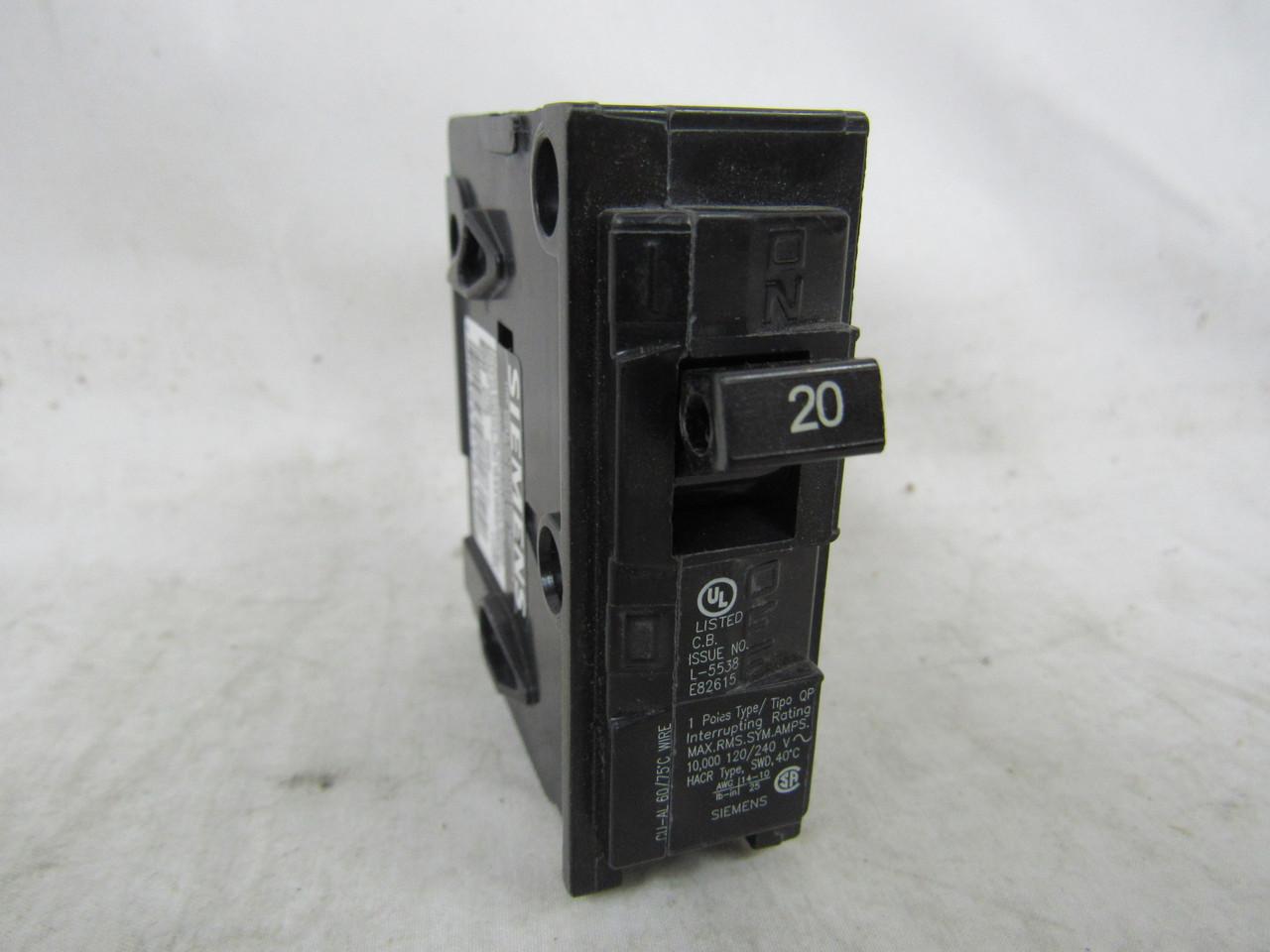 Siemens Q120 120 VAC, 20 A, 10 kA Interrupt, 1-Pole, Plug-In Mount, QP-Frame, Circuit Breaker
