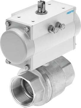 Festo 8070242 ball valve actuator unit VZBM-A-1/4"-RP-40-D-2-B2-PB20 Brass, with single-acting actuator DFPD 2/2-way, nominal width 1/4", PN40, thread EN 10226-1. Design structure: (* 2-way ball valve, * Swivel drive), Type of actuation: pneumatic, Assembly position: A