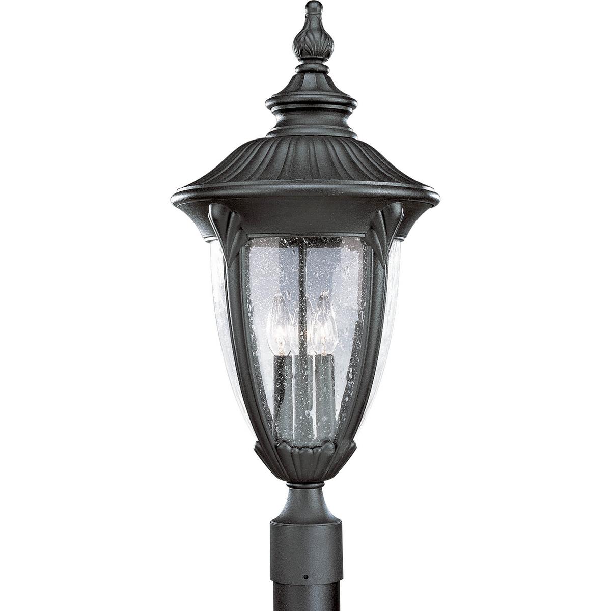 Hubbell P5420-31 Decorative shepherd hooks and acanthus cast arms and clear, seed glass urns. Cast aluminum post lantern with durable powder coat finish.  ; Decorative shepherd hooks and acanthus cast arms. ; Clear, seed glass urns. ; Cast aluminum with durable powder coa