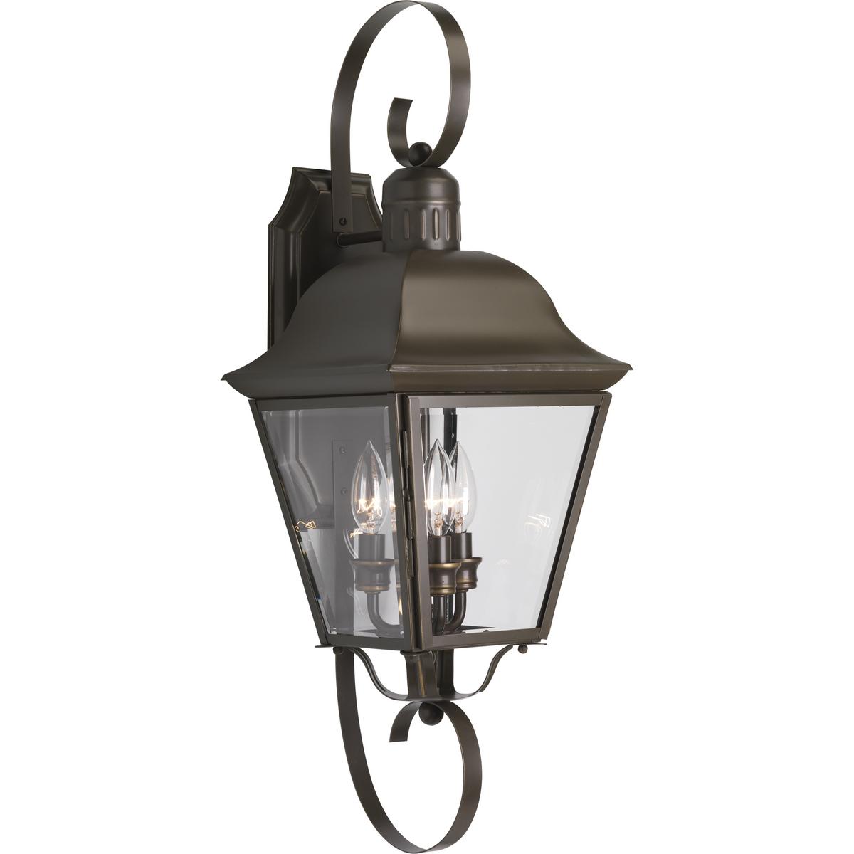 Hubbell P5689-20 The Andover collection three-light large wall lantern with aluminum construction, offers a mixture of traditional and country style for a variety of applications. Beveled glass panels allow optimum brightness. Hinged door for easy relamping.  ; A mixture 