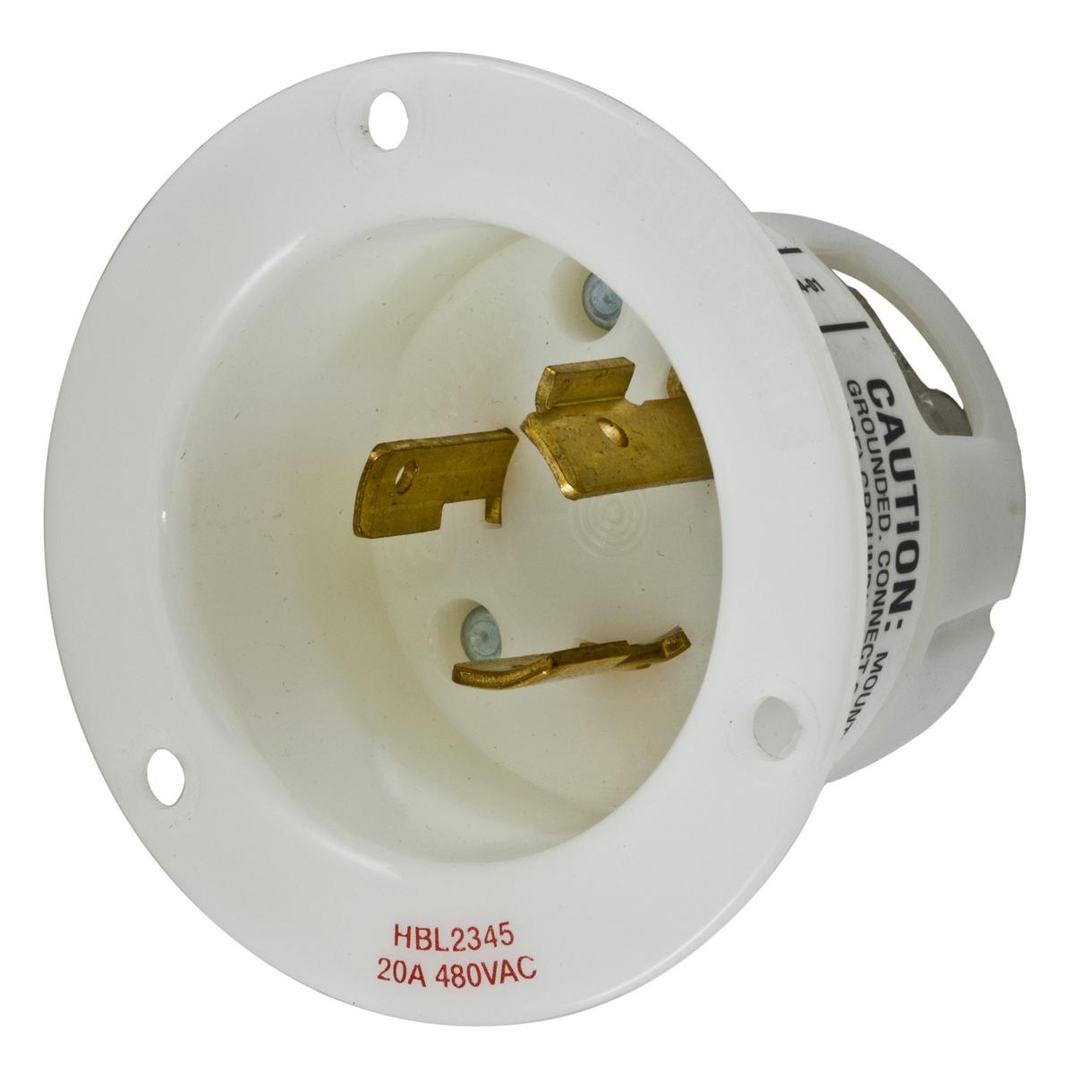 Hubbell HBL2345 Locking Devices, Twist-Lock®, Industrial, Insulgrip® Flanged Inlet, 20A 480V AC, 2-Pole 3-Wire Grounding, NEMA L8-20P, Screw Terminal, Nylon casing, Back wired, White.  ; Backwired terminations for ease of installation ; #10-32 Multiple drive terminal scr