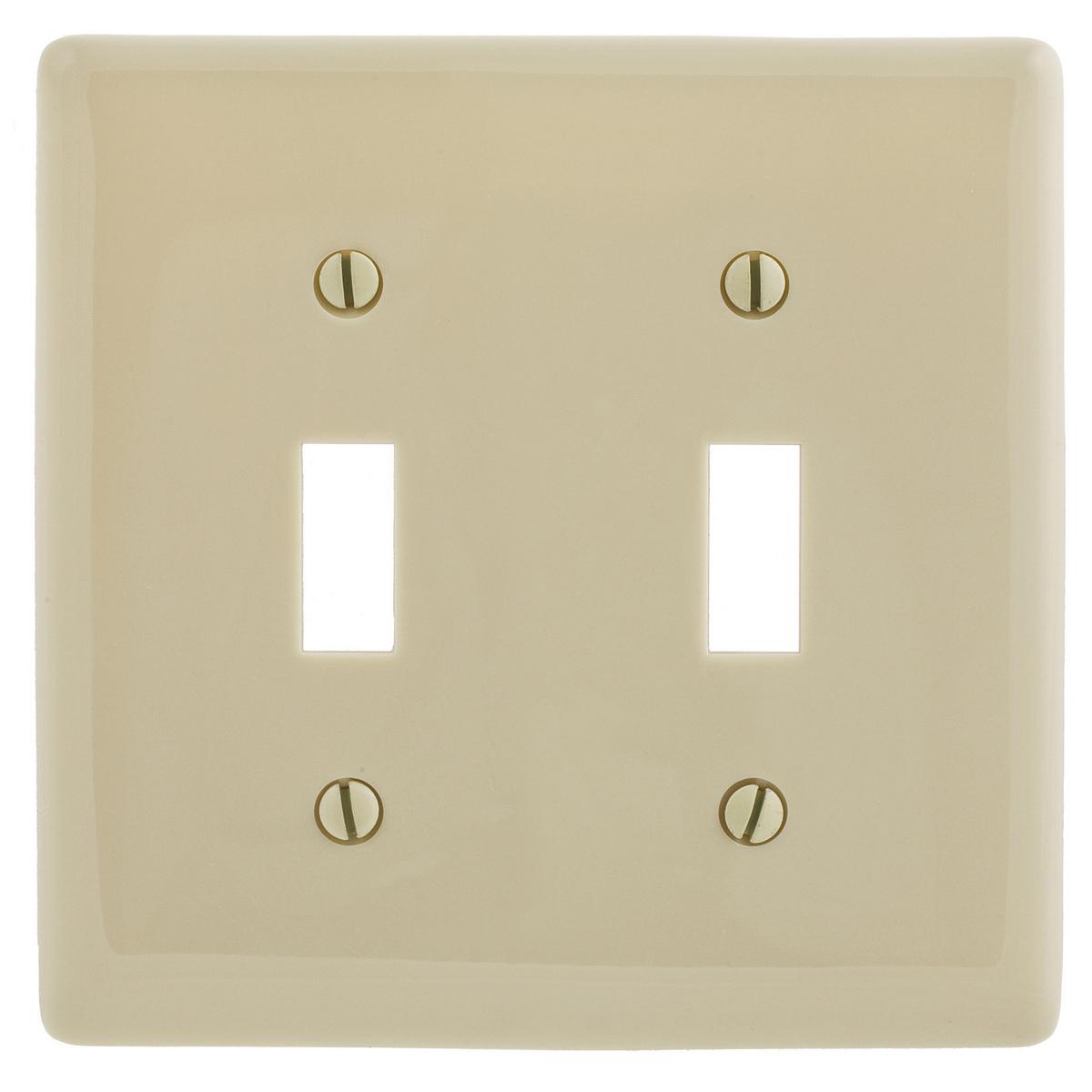 Hubbell NPJ2I Wallplates and Box Covers, Wallplate, Nylon, Mid-Sized, 2-Gang, 2) Toggle, Ivory  ; Reinforcement ribs for extra strength ; Captive screw feature holds mounting screw in place ; High-impact, self-extinguishing nylon material ; Smooth, easy to clean finish